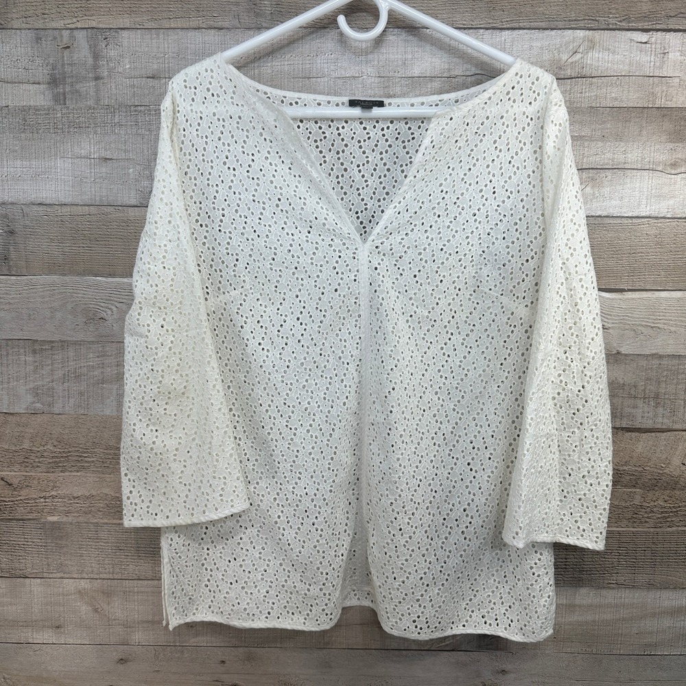 Talbots Womens White Eyelet Cotton Split V-Neck 3/4 Sleeve‎ Tunic Top Size M